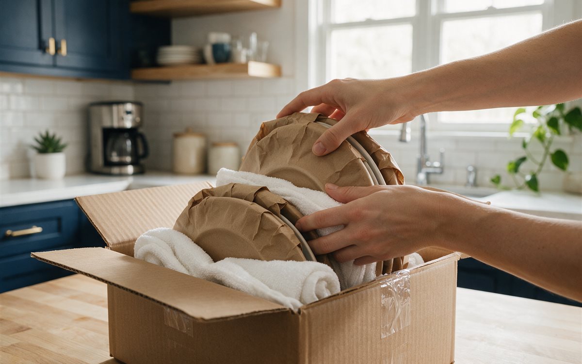 Platos envueltos en papel kraft colocados en vertical dentro de una caja