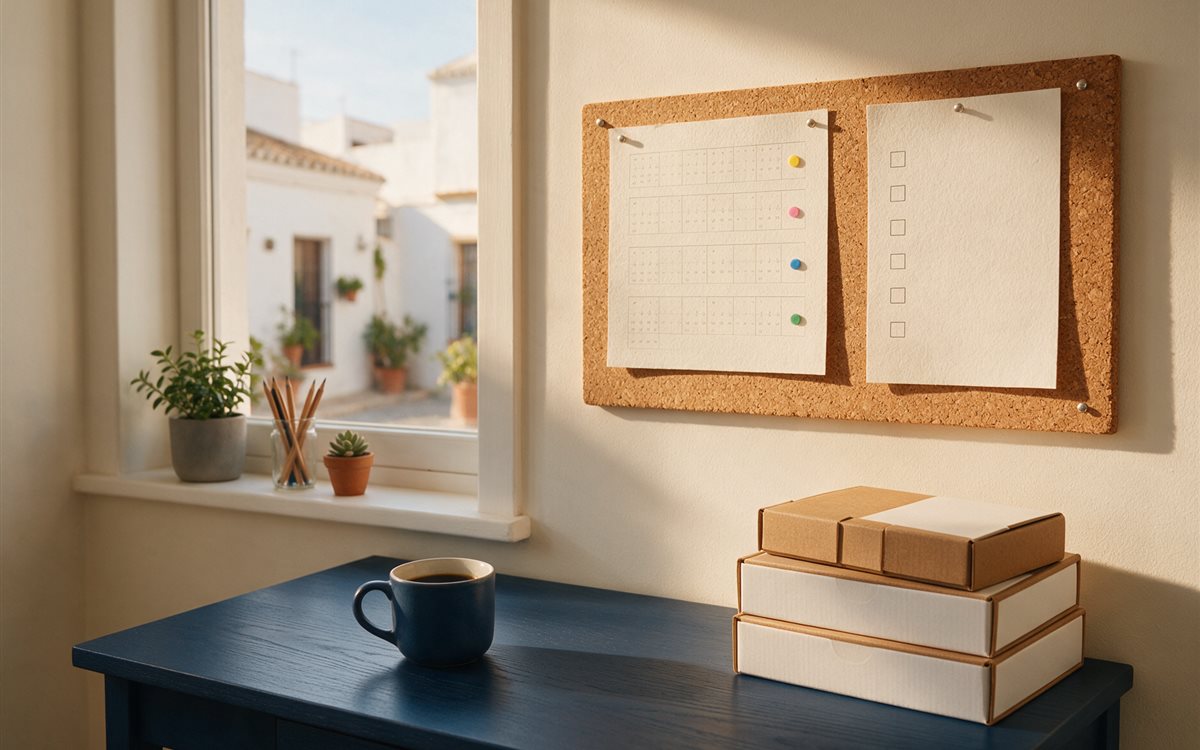 Calendario de cuatro semanas con pegatinas junto a un panel de tareas de mudanza