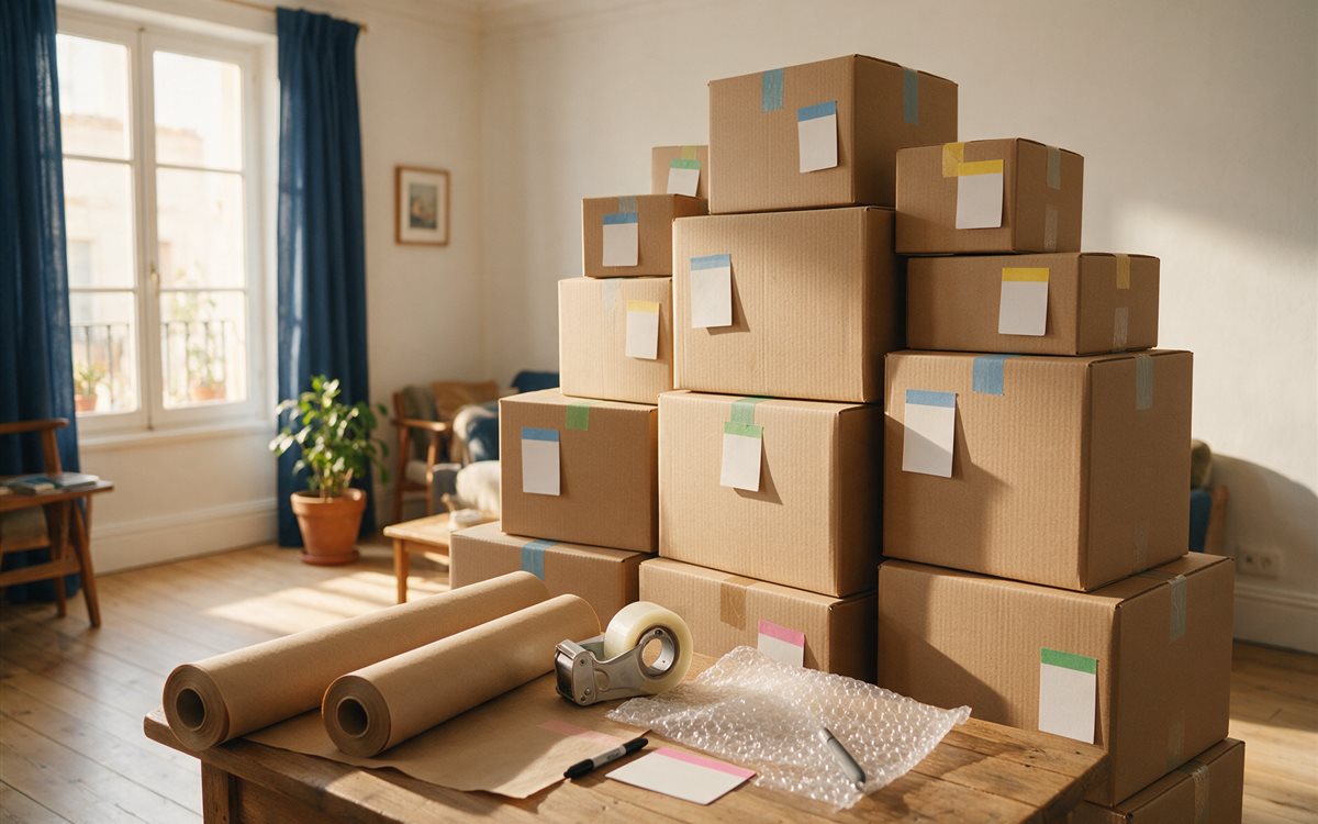 Cajas de mudanza etiquetadas y bien apiladas junto a papel de embalaje y cinta adhesiva