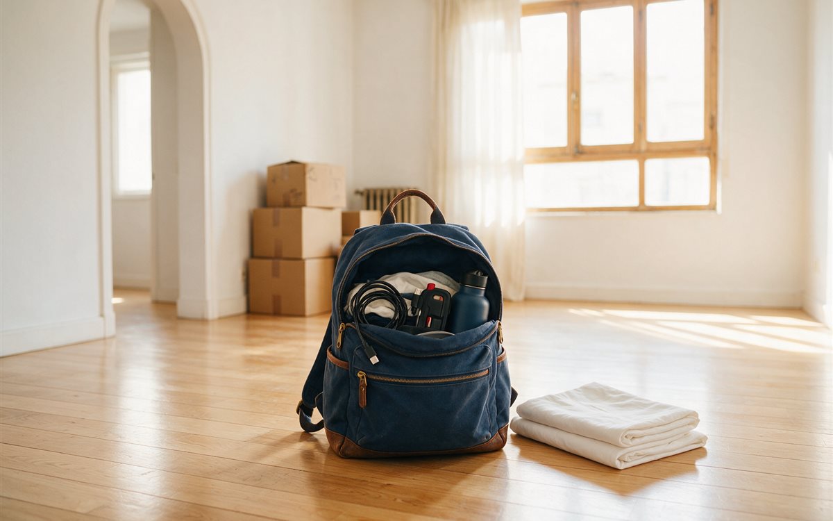 Bolsa con lo esencial del primer día junto a unas cajas en un piso vacío