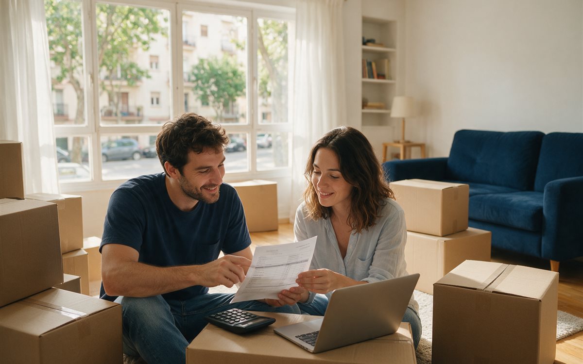 Pareja revisando un presupuesto de mudanza junto a cajas y una calculadora